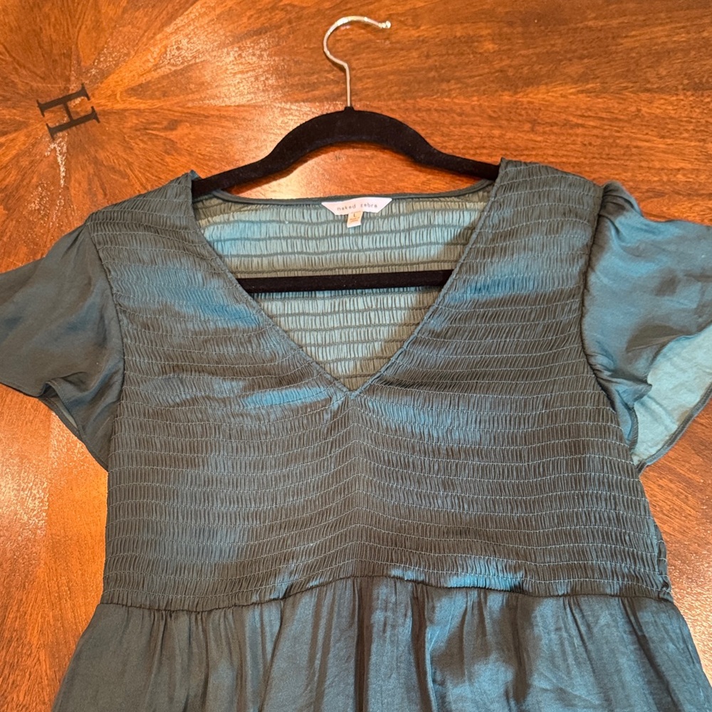 Naked Zebra Teal Smocked V-Neck Short Sleeve Dress